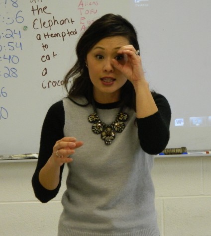 Susan Tran, news reporter for WHDH Ch. 7 in Boston, talks with reporters from the Watertown Splash during her visit to Watertown Middle School on March 12, 2014.