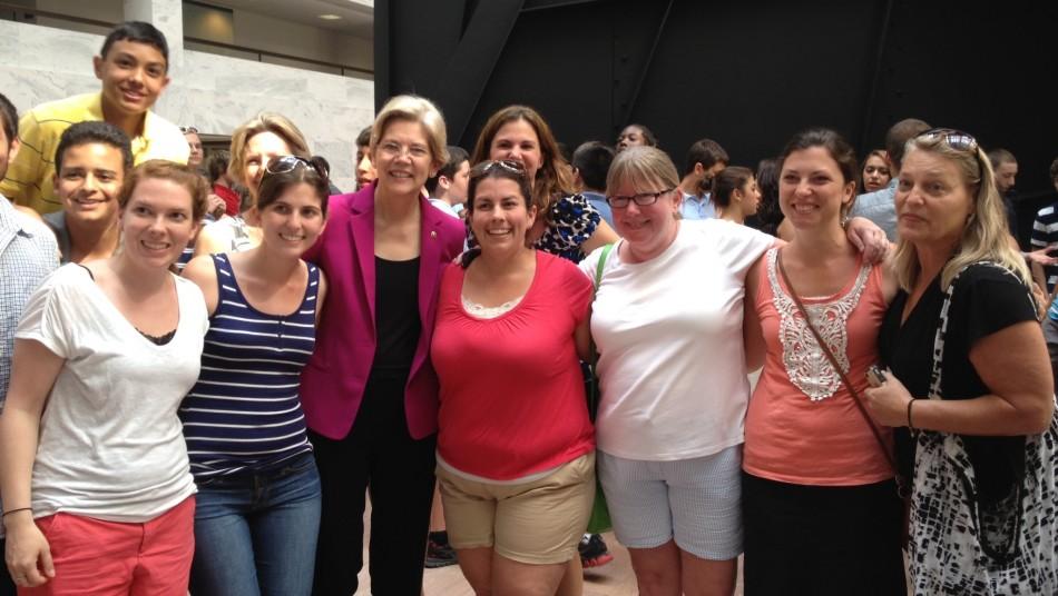 Senator Elizabeth Warren (third from left in pink blazer) met with Watertown Middle School teachers and students during the 2013 trip to Washington, D.C.