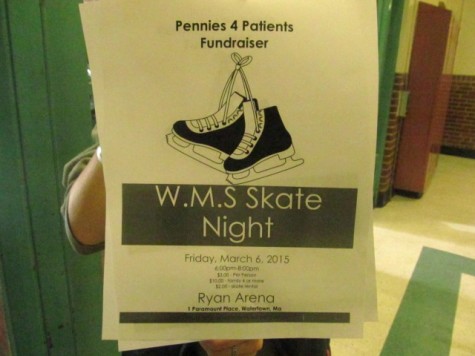 One of the many signs inside Watertown Middle School promoting the annual Pennies for Patients drive to help the Leukemia & Lymphoma Society in its fight against cancer. Family Skate Night will be held Friday, March 6, at John A. Ryan Arena. This year's fund-raising drive runs from March 2 to March 23.