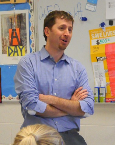 Aaron Dushku, a Watertown town councilor, talks with Watertown Splash reporters on April 9. He was interviewed in the Splash newsroom at Watertown Middle School about being a competitor in the Dancing with the Stars fund-raiser for the Watertown Education Foundation on May 1.