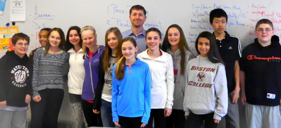 Watertown Town Councilor Aaron Dushku poses with Watertown Splash reporters on April 9. He was interviewed in the Splash newsroom at Watertown Middle School about being a competitor in the Dancing with the Stars fund-raiser for the Watertown Education Foundation on May 1.