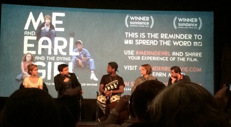 The creative team behind "Me and Earl and the Dying Girl" -- Olivia Cooke, Alfonso Gomez-Rejon, R.J. Cyler, Thomas Mann, and Jesse Andrews (from left) -- discuss the film at a preview screening on May 20, 2015, at the Brattle Theater in Cambridge. 