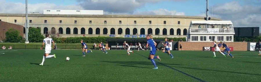 The Boston Breakers and the Seattle Reign compete in a NWSL game at Soldiers Field Soccer Stadium in the shadow of Harvard Stadium on June 21, 2015.