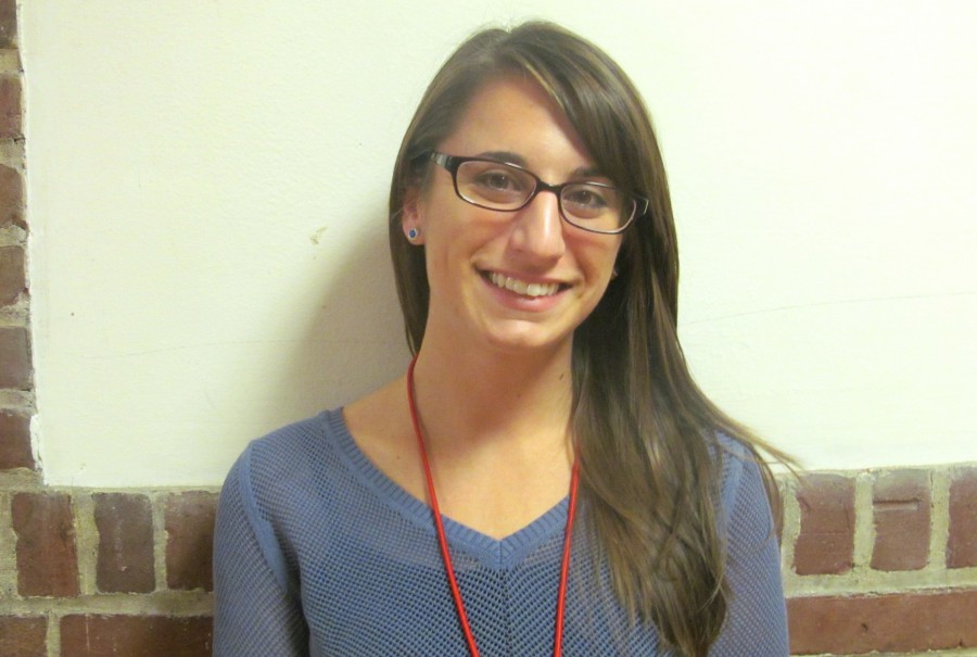 Alyssa Pisarik is helping guidance counselor Stacy (Stern) Mahoney with the seventh-grade class at Watertown Middle School.