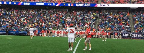 View from the sideline during the NCAA Division 1 national championship lacrosse game between Maryland (in white) and Ohio State on Monday, May 29, 2017, at Gillette Stadium in Foxborough, Mass.