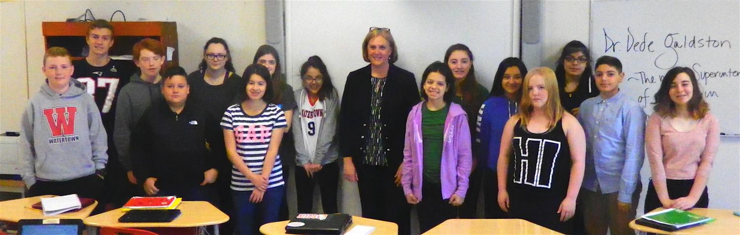 Dr. Deanne Galdston (center), the incoming superintendent of Watertown Public Schools, poses with Watertown Splash reporters during an interview in the newsroom on May 4, 2017.