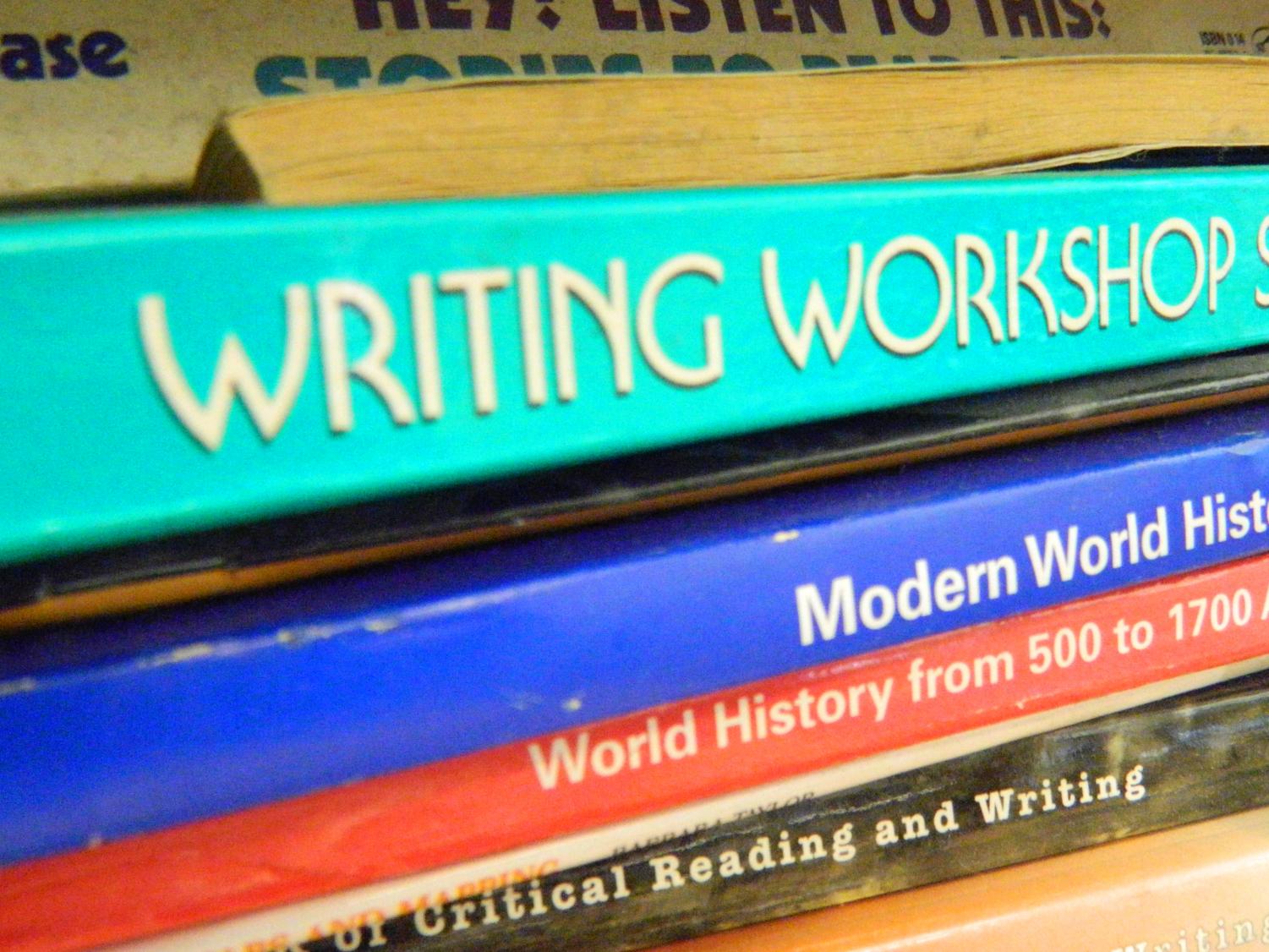 Some of the books on writing in Lisa McDonagh's seventh-grade classroom at Watertown Middle School.