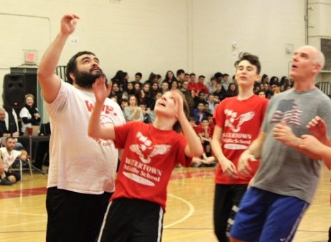 Brian Donato (left) participated in the recent basketball game between the Watertown Middle School faculty and the eighth-graders.