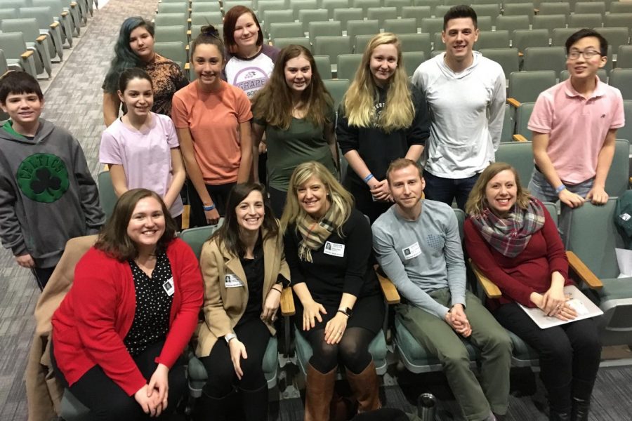 Members of the Watertown Middle School student Leadership Team pose with faculty advisers and representatives from Resilience Gives and the Leukemia & Lymphoma Society after the all-school Pennies for Patients kickoff assembly March 1, 2019.